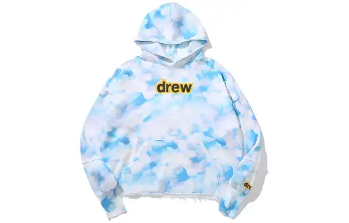 Drew House FW22 Secret Deconstructed Hoodie Letter Logo Print Tie Dye Fleece Lined Pullover Sweatshirt Unisex Blue