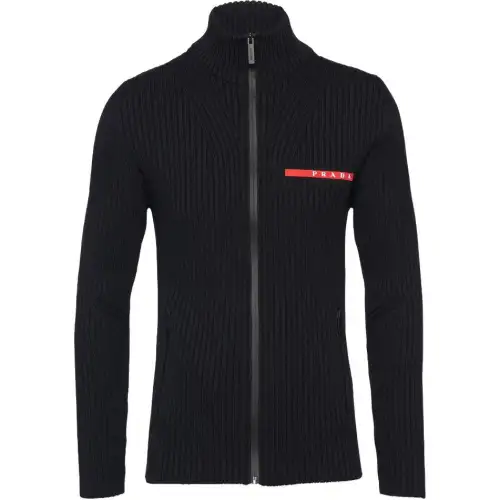 PRADA Knitwear Men's Black Turtleneck Moderate Cardigan