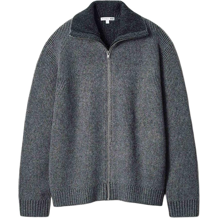 UNIQLO x JWANDERSON joint model FW24 solid color lapel zipper ribbed long-sleeved sweater men's blue gray
