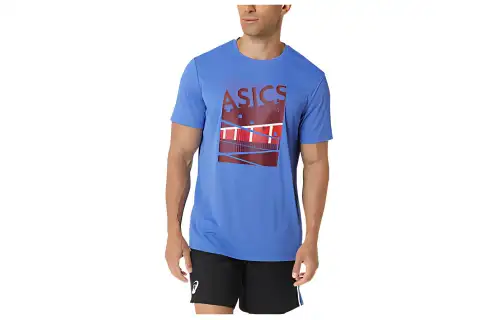 ASICS T Shirts Men's Blue Crew Neck Moderate Straight Fit
