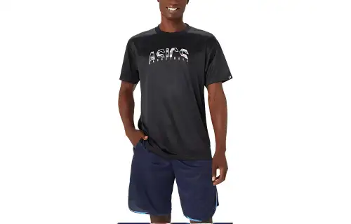 ASICS Dry Print T Shirts Men's Black Crew Neck Moderate Other