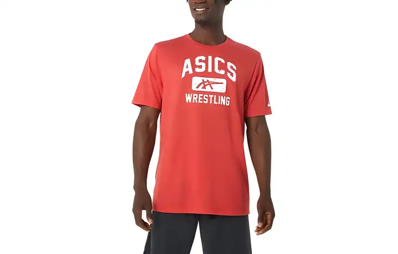 ASICS T Shirts Men's Red Crew Neck Moderate Straight Fit