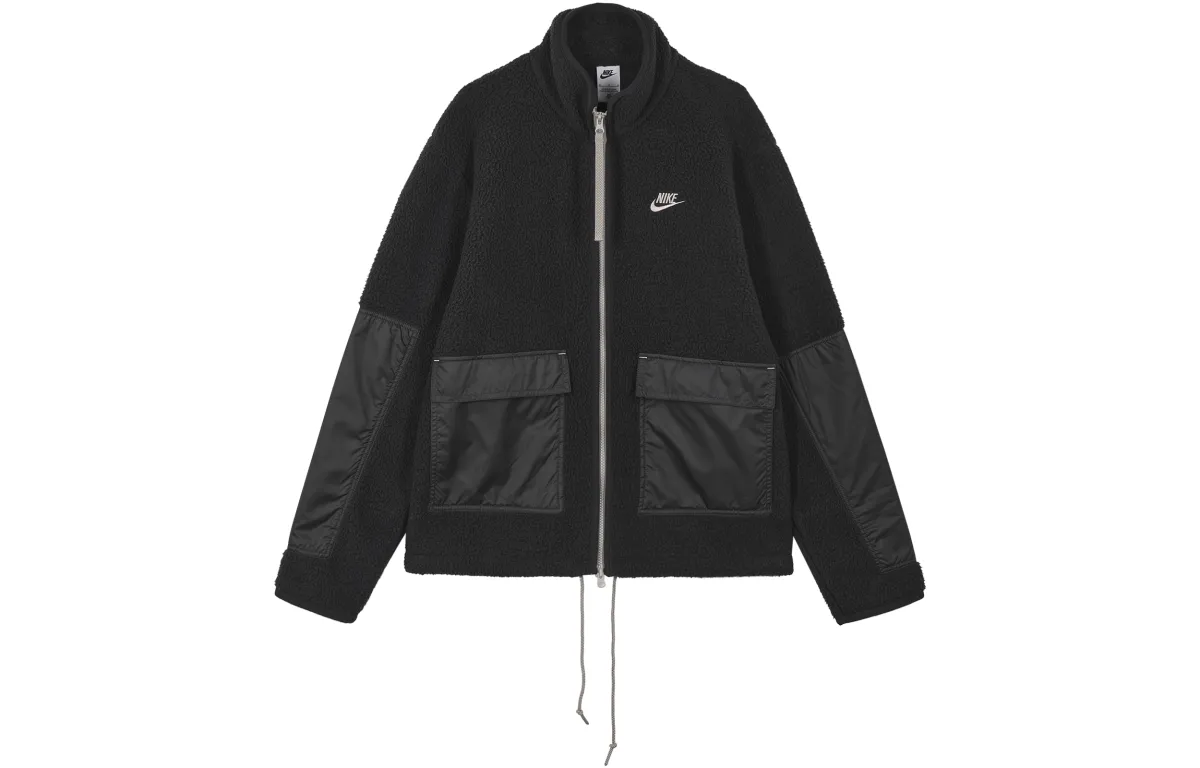 Nike Contrast Color Brand Logo Embroidery Logo Fleece Lined Stand Collar Jacket Men's Black