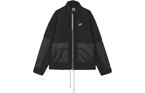 Nike Contrast Color Brand Logo Embroidery Logo Fleece Lined Stand Collar Jacket Men's Black