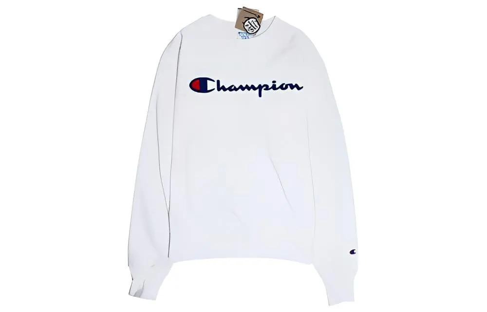 Champion Reverse Weave Script Champion Letter Flock Fleece Round Neck, US Version, Winter Sweatshirt Unisex White