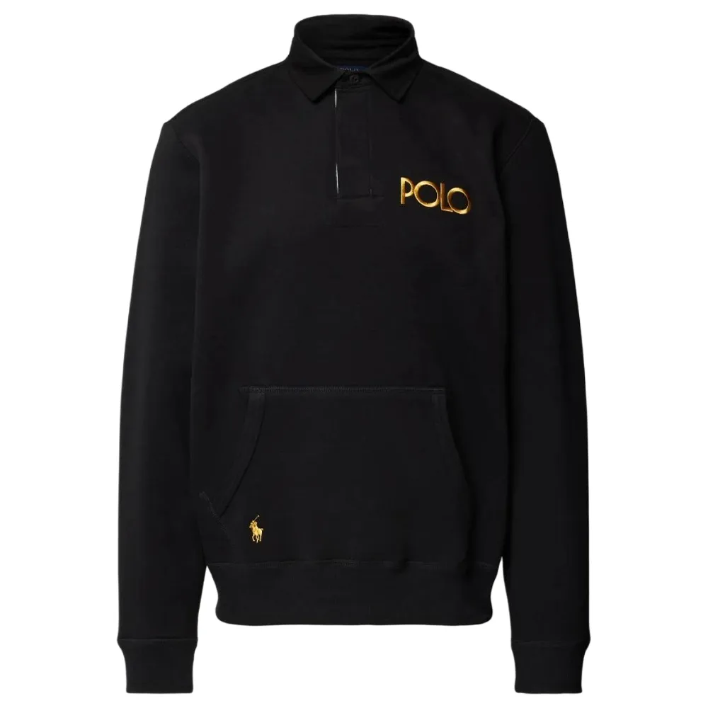 Polo Ralph Lauren FW24 Pony Logo Embroidery Lapel Long Sleeved Fleece Lined Sweatshirt Men's Black