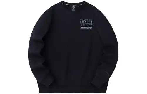 Anta Variety Training Collection Letter Crew Neck Fleece Lined Thermal Pullover Sweatshirt Men's Basic Black