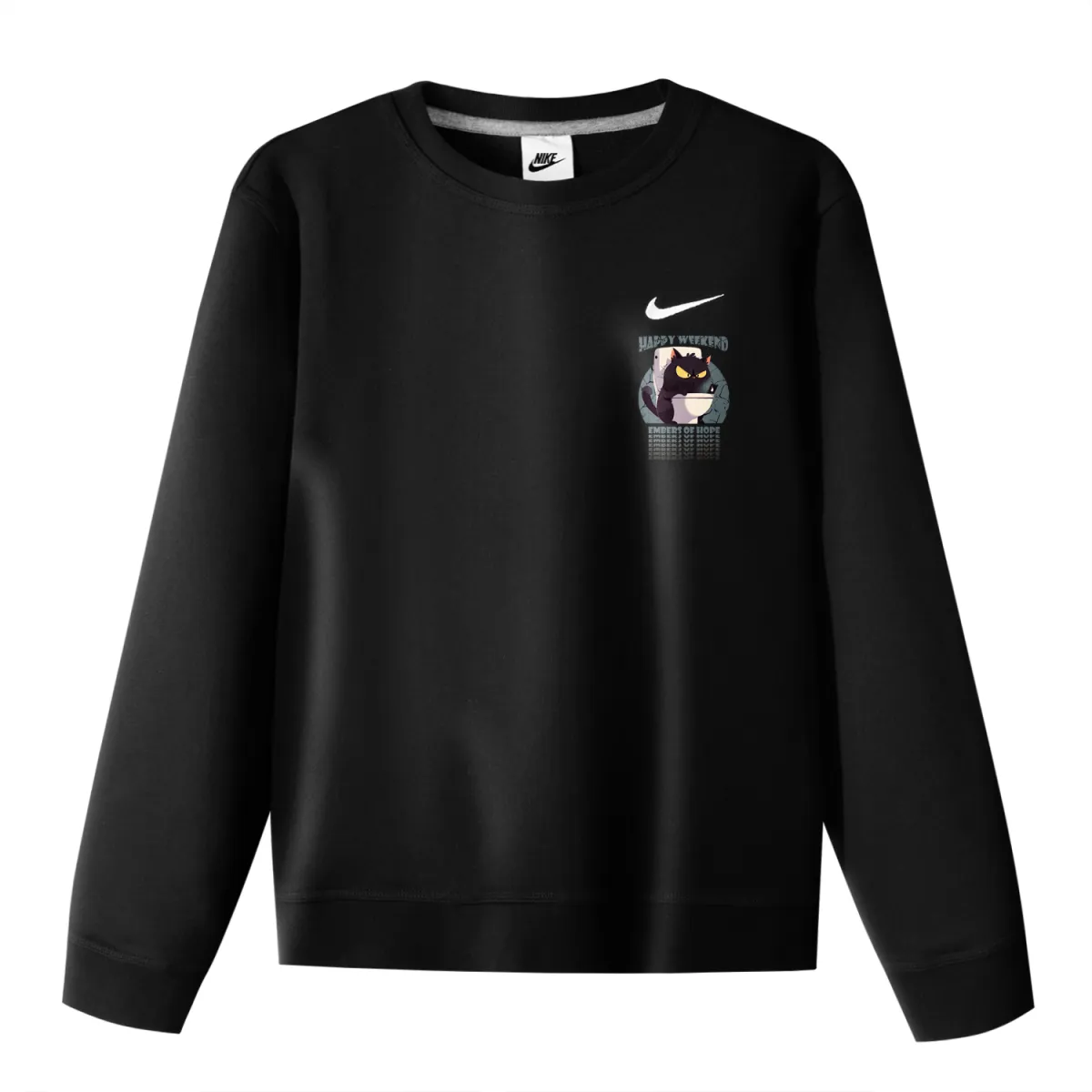 Nike Fleece Lined On Toilet Cat Print Crew Neck Long Sleeved Pullover Sweatshirt Unisex Black