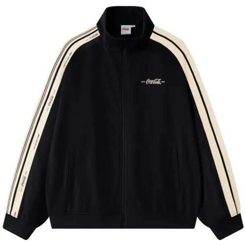Coca Cola Asymmetrical Stripes Patchwork Letter Print Fleece Lined Stand Collar Knitted Fabric Jackets & Coats Unisex