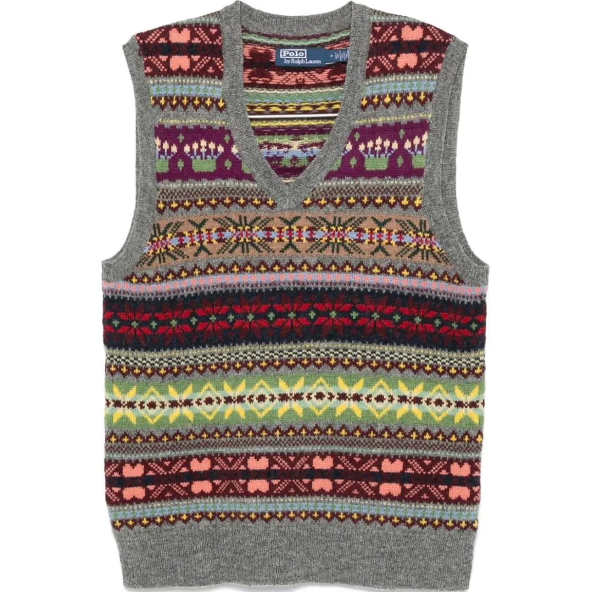 Polo Ralph Lauren FW24 Knit Rib-Trim V-Neck Sleeveless Vest Men's Gray Multicolor