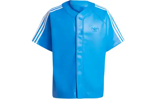 Adidas Originals Faux Leather Adicolor 3 Stripes Baseball Shirt Men's Blue