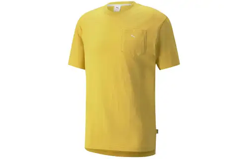 PUMA MMQ T Shirts Men's Bamboo Yellow Crew Neck Moderate Straight Fit