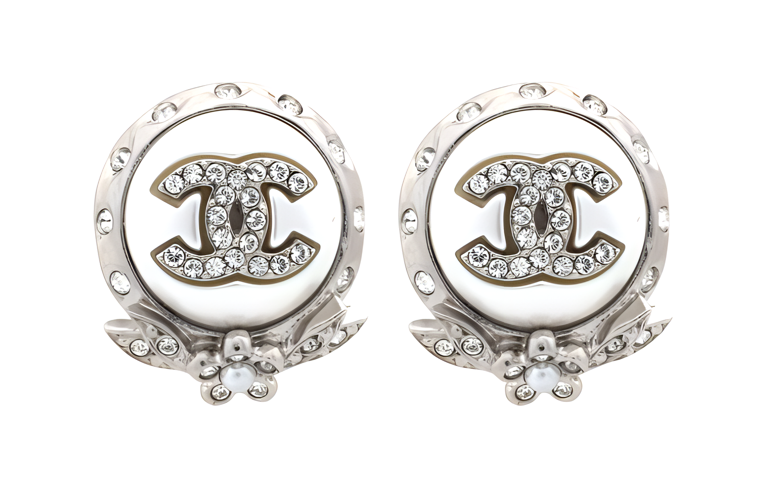 Chanel 2021 Cc Silver Plated Crystal and Faux Pearl Push Back Earrings costume earrings