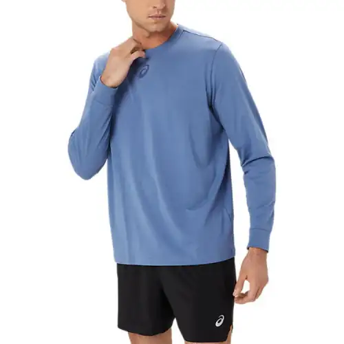 ASICS T Shirts Men's Denim Blue Crew Neck Moderate Straight Fit