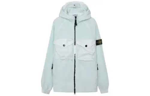 STONE ISLAND Solid Color Chest Pocket Fleece Lined Hooded Long Sleeved Jackets & Coats Men's Sky Blue