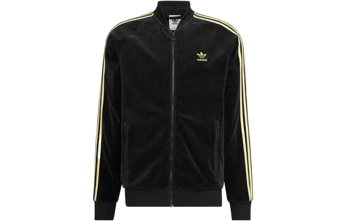 adidas originals Men's Velour Stripe Logo Zip Jacket Black