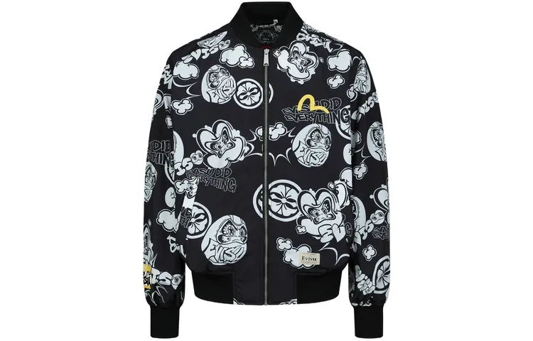EVISU Jackets Men's Black All Over Print Baseball Collar Moderate Other