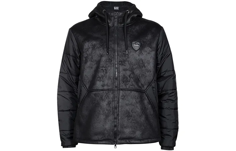 EMPORIO ARMANI EA7 FW22 Logo Badge Solid Color Hooded Fleece Lined Jackets & Coats Men's Black