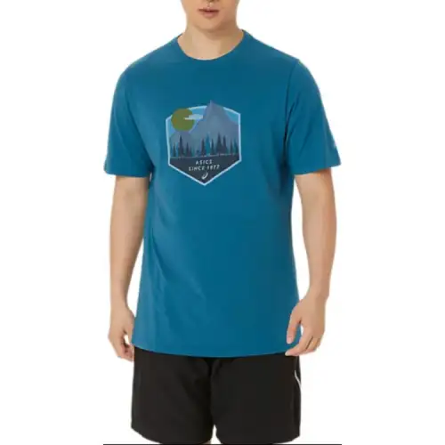 ASICS T Shirts Unisex Evening Cyan Crew Neck Moderate