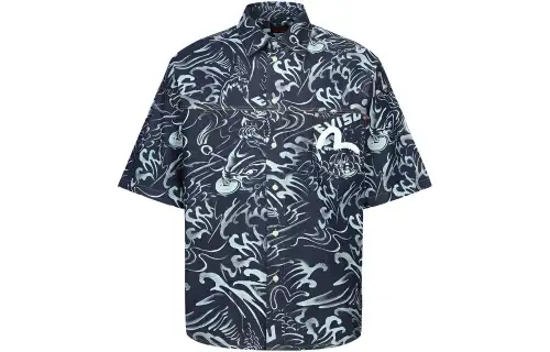 EVISU Shirts Men's Denim Blue All Over Print Lapel Moderate Denim