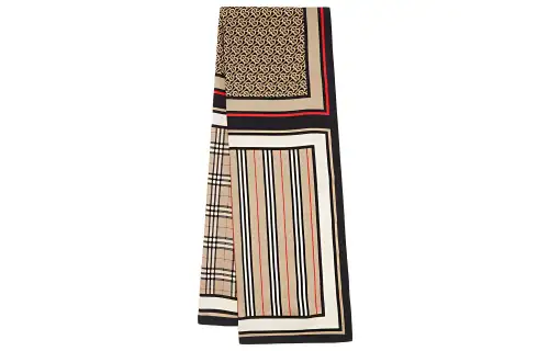 Monogram Icon Stripe and Check Print Silk Scarf