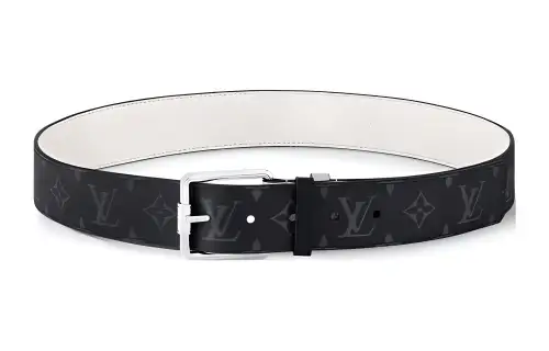 LOUIS VUITTON Metal Leather Coated Canvas Leather Belts Men's Black Width 4cm