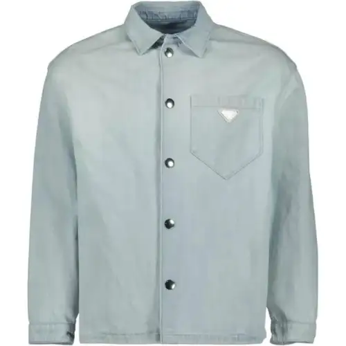 PRADA Denim Jackets Men's Light Blue Lapel Moderate Straight Fit