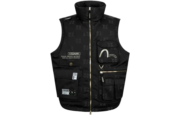 EVISU Down Vests Men's Black Stand Collar Thickened Workwear