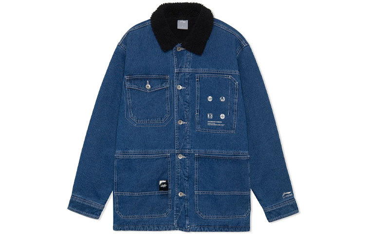 Li Ning Skateboard Casual Thermal Fleece Lined Washed Denim Jacket Men's Blue