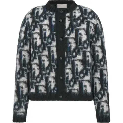 DIOR Knitwear Men's Blue Crew Neck Moderate Cardigan