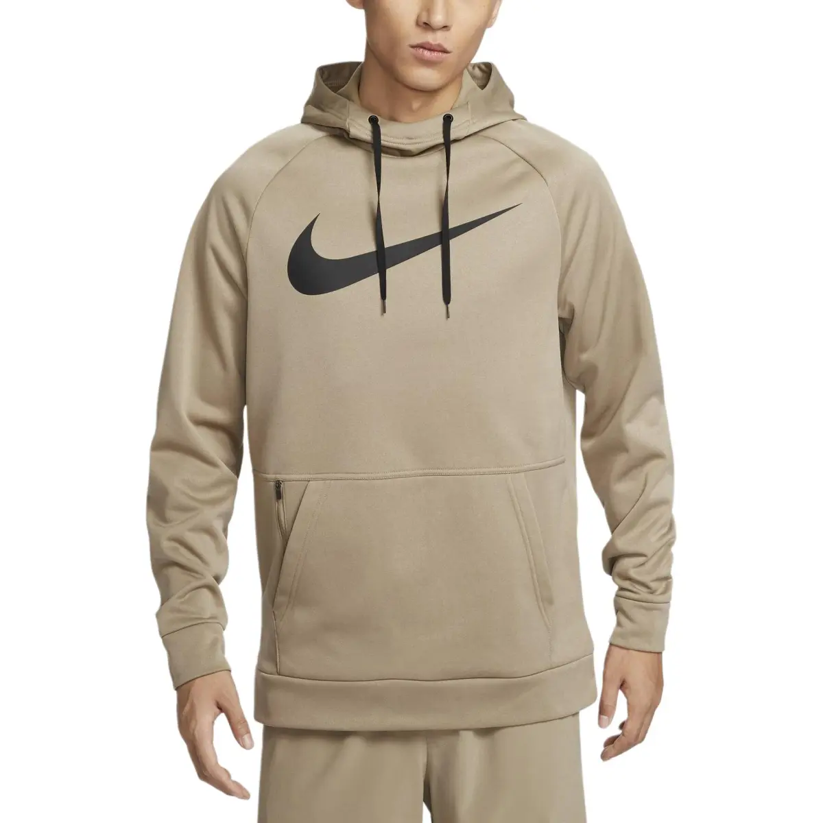 Nike SwooshTherma FIT Brand Logo Fleece Lined Pullover Training Hooded Sweatshirt Men's Khaki/Black