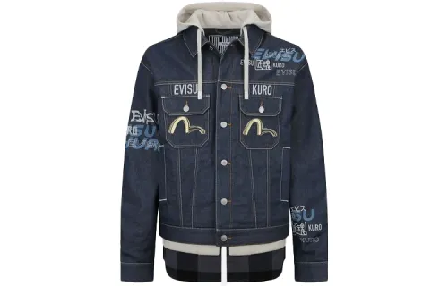 EVISU Denim Jackets Men's Blue Hooded Moderate Straight Fit