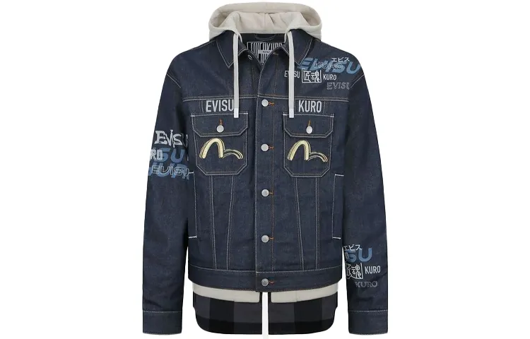 EVISU Denim Jackets Men's Blue Hooded Moderate Straight Fit
