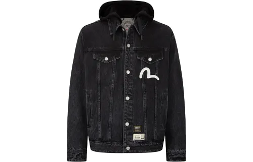 EVISU Denim Jackets Men's Black Hooded Moderate Straight Fit