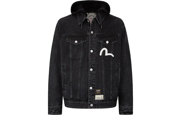 EVISU Denim Jackets Men's Black Hooded Moderate Straight Fit
