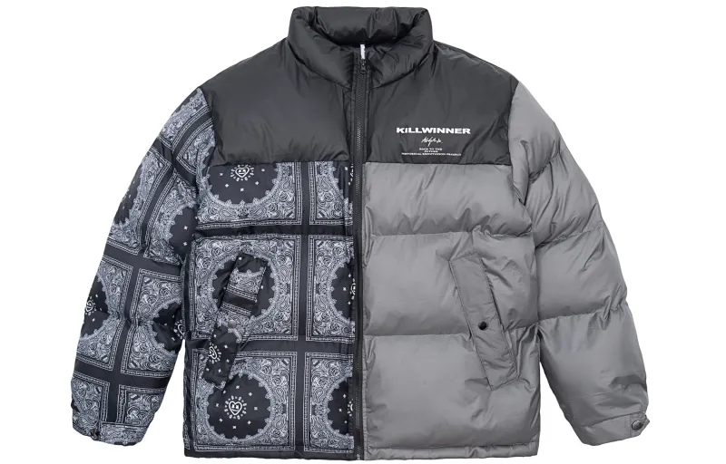 KILLWINNER Puffer Jackets Unisex Black Patchwork Stand Collar Thickened Patchwork Puffer Jacket