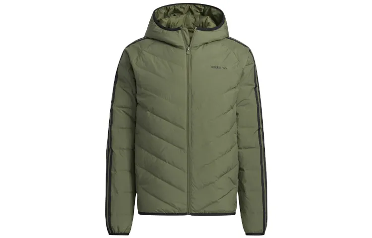 Adidas Neo Down Jackets Men's Dark Olive Green Hooded Moderate Quilted Down Jacket