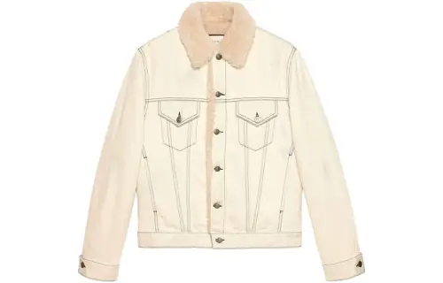 GUCCI Shearling Lined Denim Jacket With Sketch Snake Print