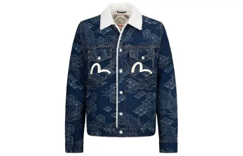 EVISU Denim Jackets Men's Denim Blue Lapel Thickened And Fleece Lined Straight Fit