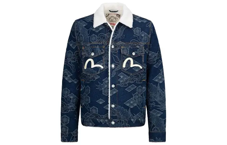 EVISU Denim Jackets Men's Denim Blue Lapel Thickened And Fleece Lined Straight Fit