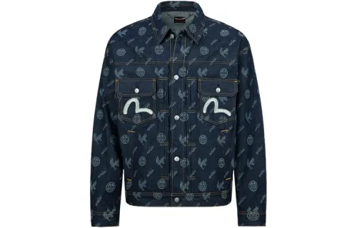 EVISU Denim Jackets Men's Denim Blue Lapel Moderate Straight Fit