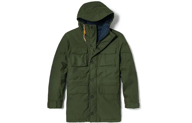 Timberland Solid Color Geometric Pattern Hooded Thickened Mid Length Down Jacket Men's Green