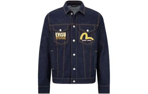 EVISU Denim Jackets Men's Denim Blue Lapel Moderate Straight Fit