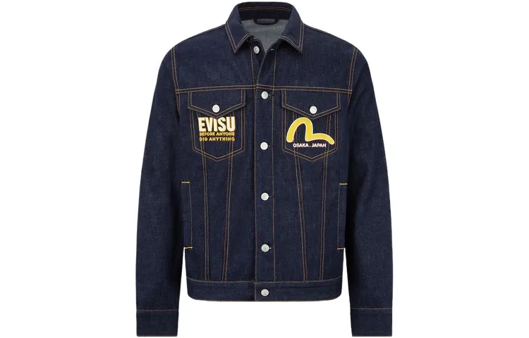 EVISU Denim Jackets Men's Denim Blue Lapel Moderate Straight Fit