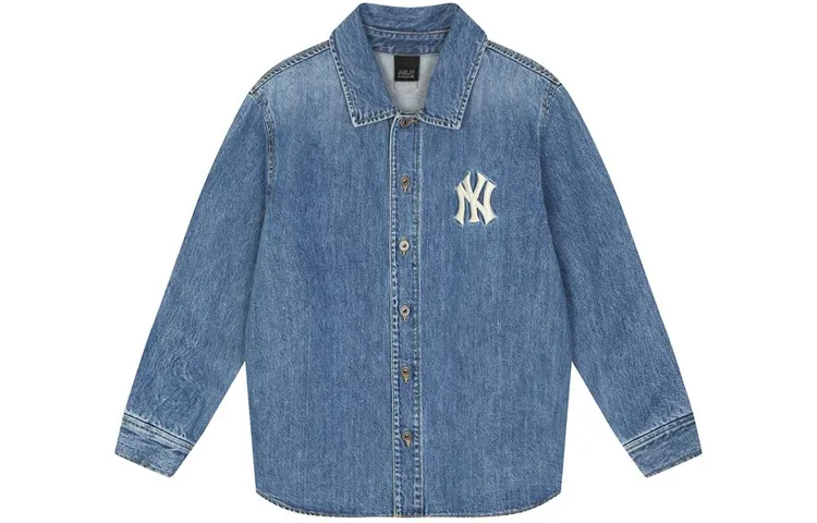 MLB New York Yankees Denim Jackets Unisex Blue Lapel Moderate Straight Fit