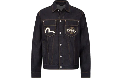 EVISU Denim Jackets Men's Denim Blue Lapel Moderate Straight Fit