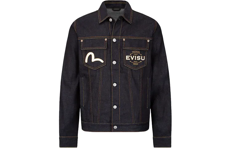 EVISU Denim Jackets Men's Denim Blue Lapel Moderate Straight Fit
