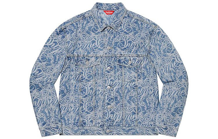 Supreme Clothing Series Supreme FW22 Week10 Series Script Jacquard Denim Trucker Jacket American trendy full-print jacquard lapel single-breasted American trendy denim jacket, same style for men and women