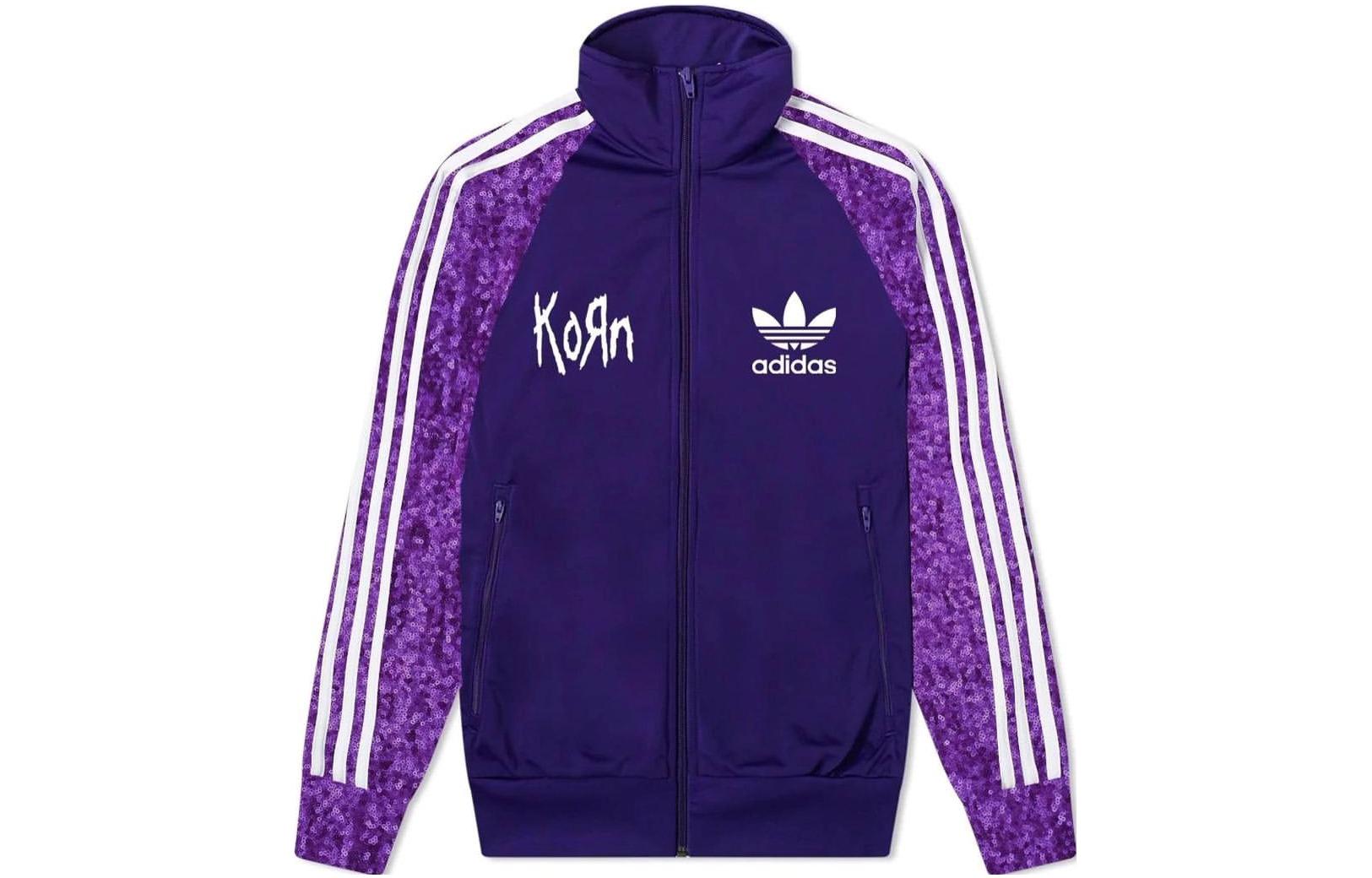 Adidas originals Clothing adidas originals x Korn Joint Series Striped Logo Print Raglan Retro Sports Stand Collar Casual Jacket Jacket Unisex Purple