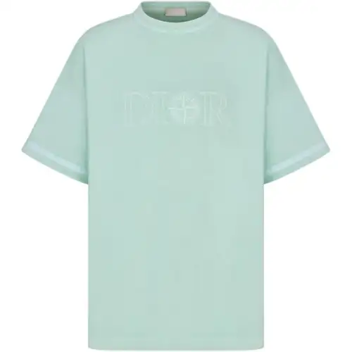 DIOR T Shirts Men's Light Green Crew Neck Moderate Straight Fit